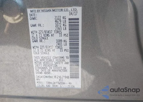 2017 Nissan Rogue Sv from USA, damaged, VIN 5N1AT2MV9HC826798